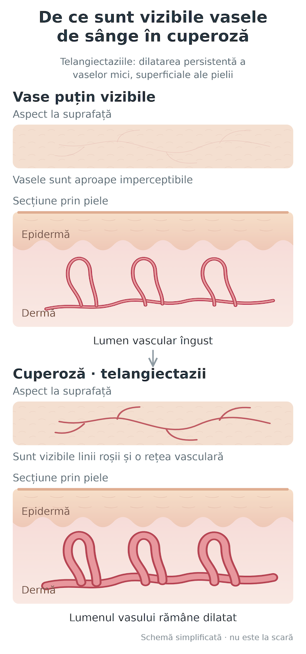 Schemă: în cuperoză, vasele mici ale pielii sunt dilatate persistent și devin vizibile